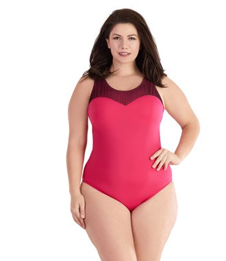 Plus size woman wearing red JunoActive AquaChic mesh one-piece swimming suit.