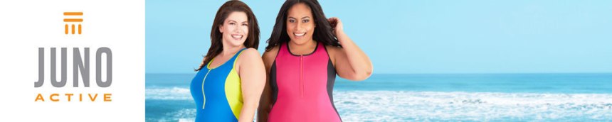 JunoActive logo to the left.  To the right are two plus size women wearing JunoActive swimwear. The background is the ocean.